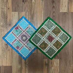Pair of Blue & Green Indian Handmade Throw Pillow Covers, 11x11 Inches